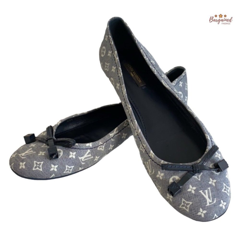 Authentic Louis Vuitton Blue Mini Lin Monogram Canvas Debbie Ballet Flats 6.5